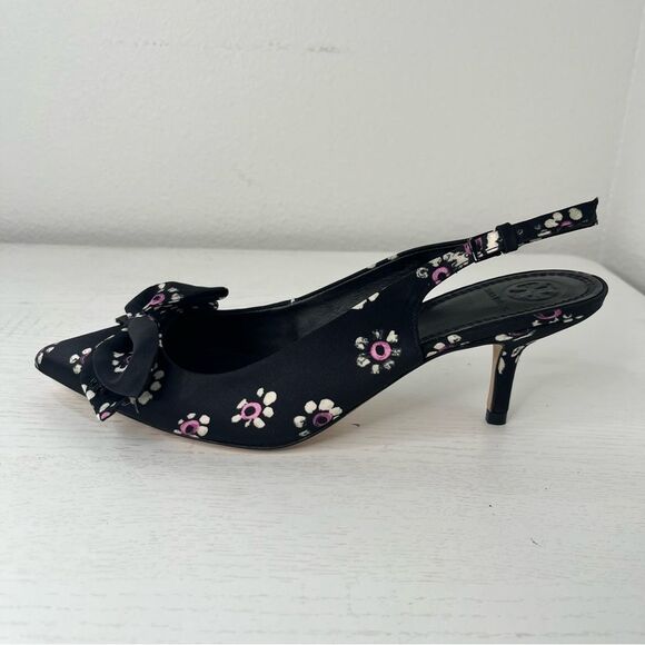 NEW Tory Burch Rosalind Satin Slingback Pump Black Shoes Party Holiday Size 9.5 - Picture 8 of 9